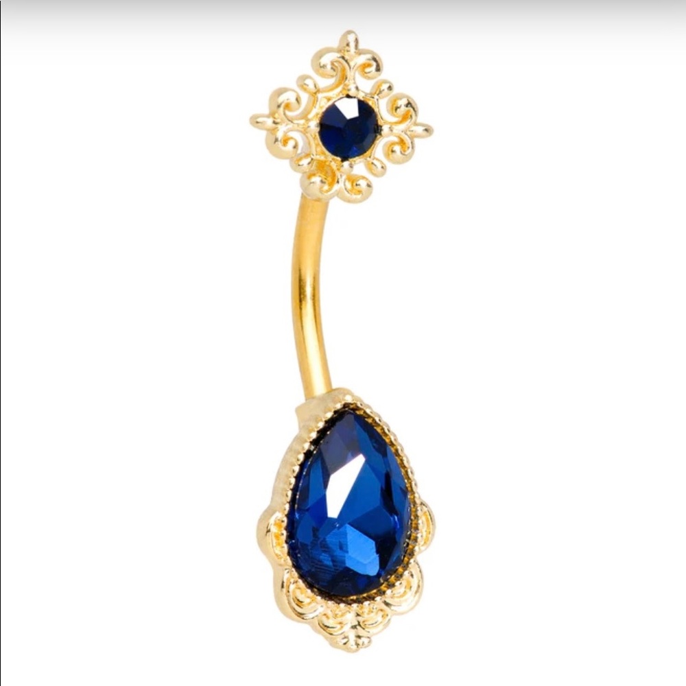 Blue Gem Gold Tone Noble Drop Double Mount Belly Ring